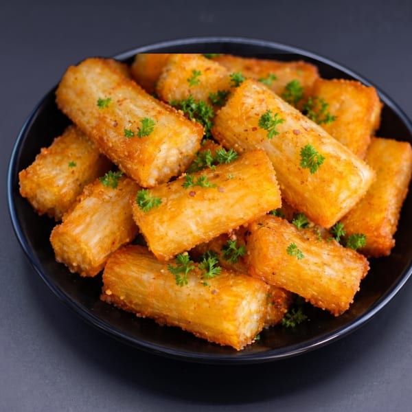 A black plate filled with golden-brown fried yucca sticks, garnished with fresh parsley.
