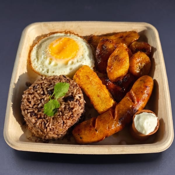 Hearty breakfast plate with fried egg, rice and beans, plantains, sausage, and crema.
