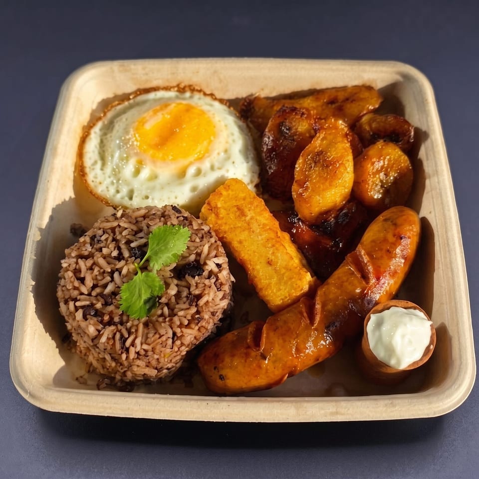 Hearty breakfast plate with fried egg, rice and beans, plantains, sausage, and crema.