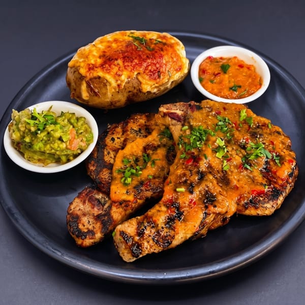 Grilled pork chops with sauce, a cheesy baked potato, guacamole, and red salsa on a black plate.