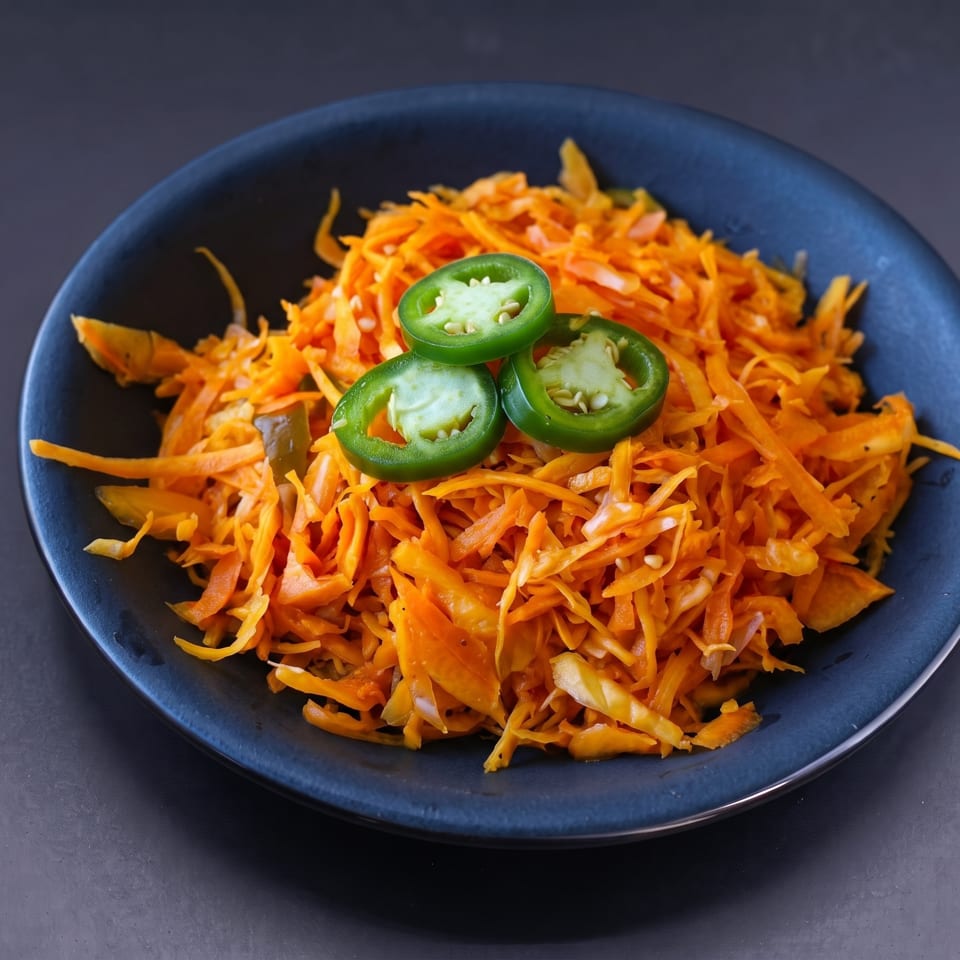 Shredded orange vegetable salad topped with sliced jalapeños, served in a dark blue bowl.